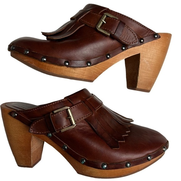 Madewell “1937 Footwear” Brown Leather Tassels Chunky Clog boho heels Size 7 - Picture 2 of 10